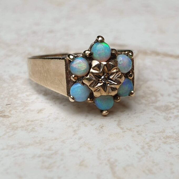 Opal and Diamond Cluster Ring in 9ct Yellow Gold, a UK M or a US 6 1/4.
