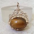 Tigers Eye and Agate Ornate Spinner Fob Pendant in 9ct Gold