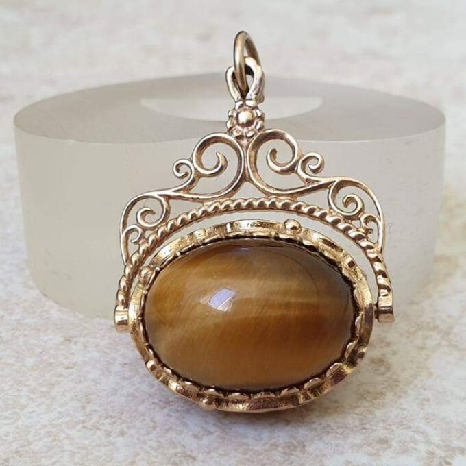 Tigers Eye and Agate Ornate Spinner Fob Pendant in 9ct Gold