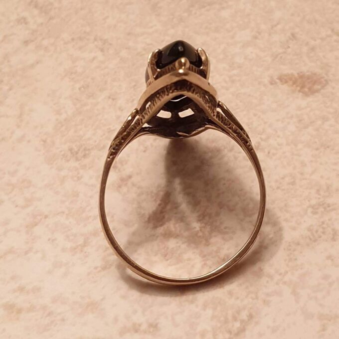 Marquise or Navette Whitby Jet Ring in 9ct Gold, a UK N or a US 7