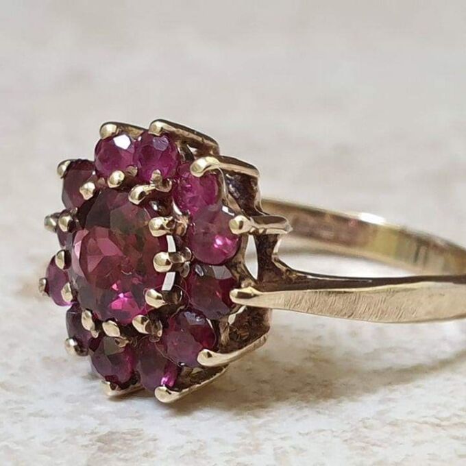 Rhodolite Garnet Cluster Ring in 9ct Gold.