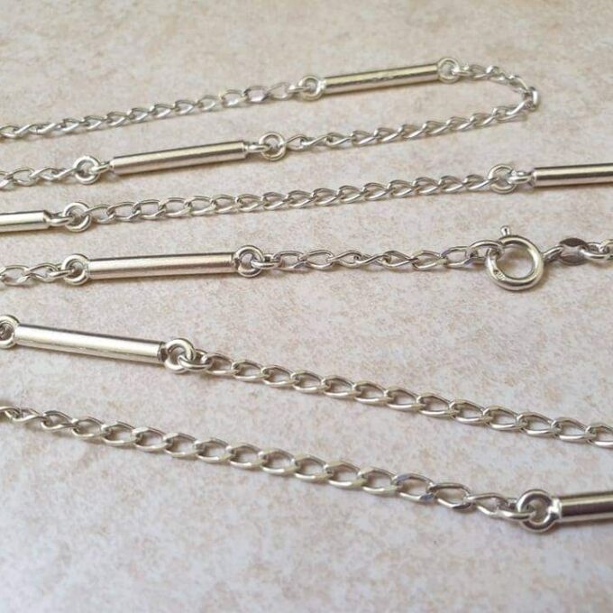 Long Length Italian Silver Bar and Link Chain Necklace, 33 inches.