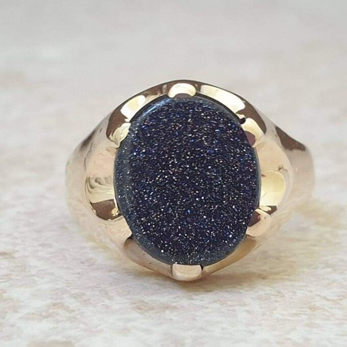 Blue Goldstone Signet Ring in 9ct Gold.