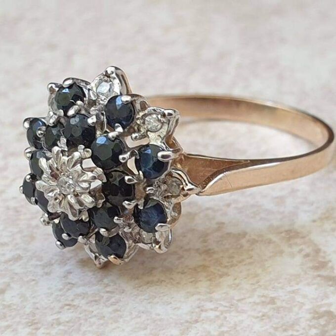Sapphire and Diamond Cluster Ring in 9ct Gold, a UK O or  US 7 1/2