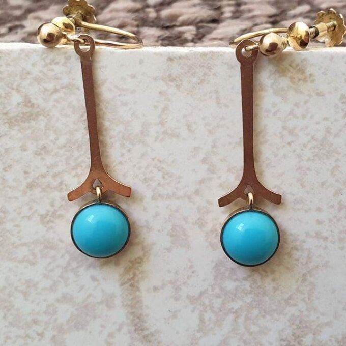 Old Turquoise Paste and 9ct Gold Screw Back Earrings.