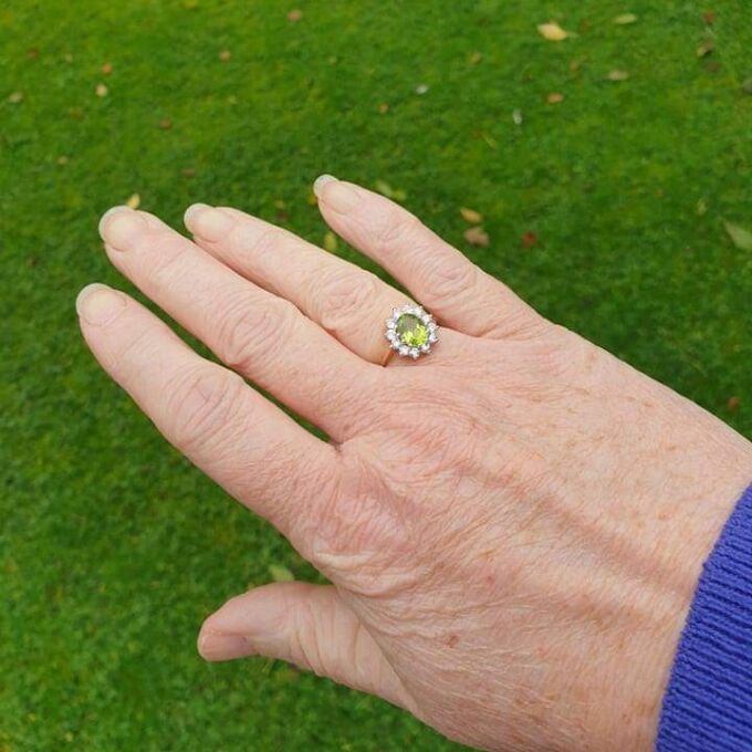 Peridot Green and White Cluster Ring in 9ct Gold.