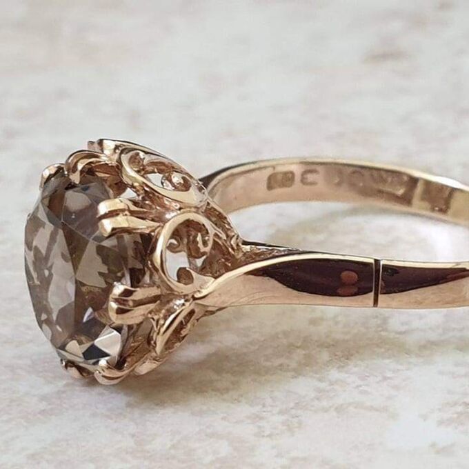 Fancy Set Solitaire Smoky Quartz Ring in 9ct Gold,  a UK P or a US 7 3/4.