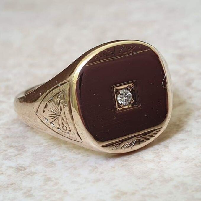 Heavy Diamond Set Signet Ring in 9ct Gold,  a UK S or a US 9 1/4.