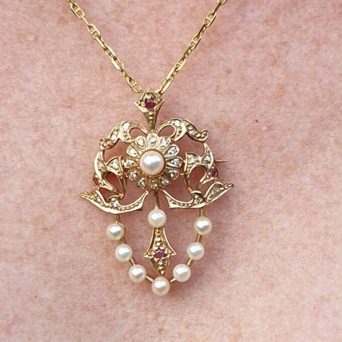 RESERVED – Pearl, Diamond and Ruby Brooch and Pendant in 9ct gold