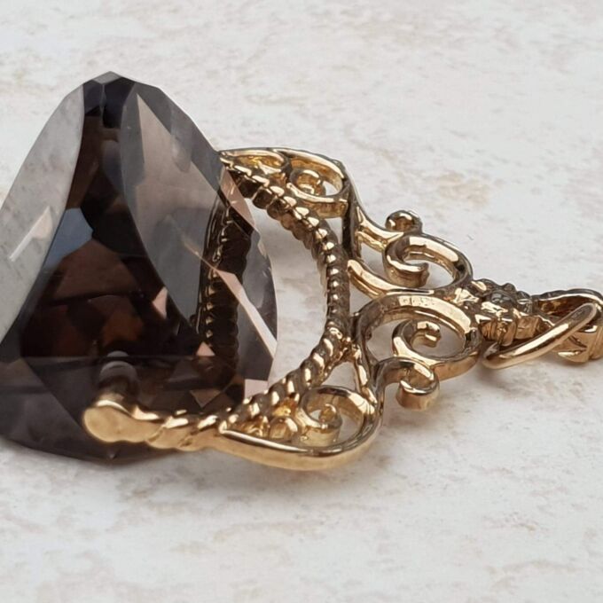 Smoky Quartz Spinning Fob Pendant in 9ct Gold