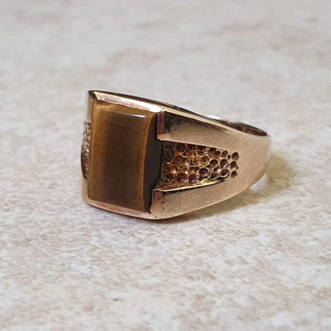 Tiny Tigers Eye Signet Ring in 9ct Gold.