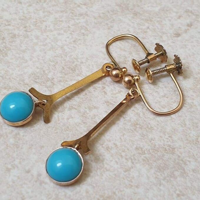Old Turquoise Paste and 9ct Gold Screw Back Earrings.