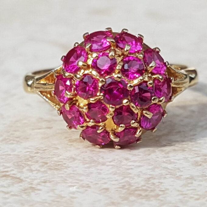 Sale – Synthetic Pink Ruby Sapphire Cluster 9ct Gold Ring, a UK N or a US 7.
