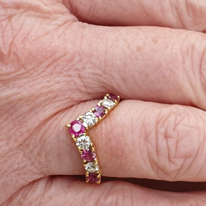 Ruby and Diamond Chevron Ring in 18ct Gold,  a UK M 1/2 or a US 6 3/4.
