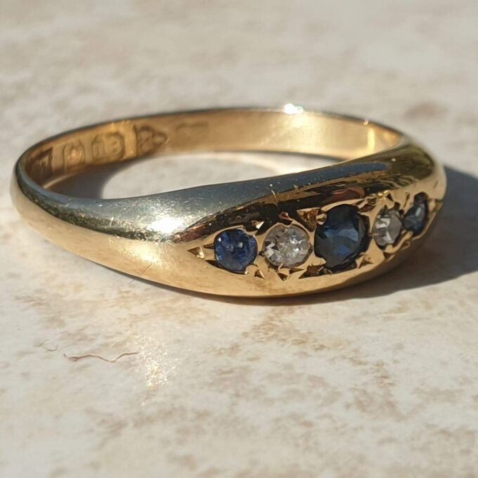 Antique Gypsy Sapphire and Diamond Ring in 18ct Gold,  a UK L1/2 or a US 6 1/4.