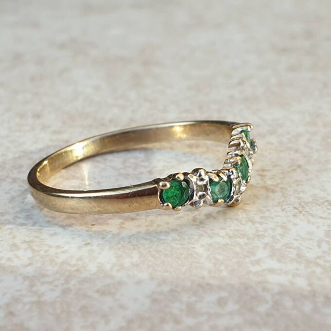 Emerald and Diamond Chevron or Wishbone Ring in 9ct Gold, a UK M or a US 6 1/2