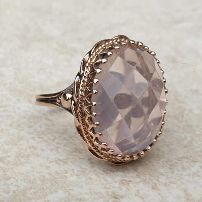 Reserved – Pink Rose Quartz Solitaire in 9ct Rose Gold, a UK M or a US 6 1/2