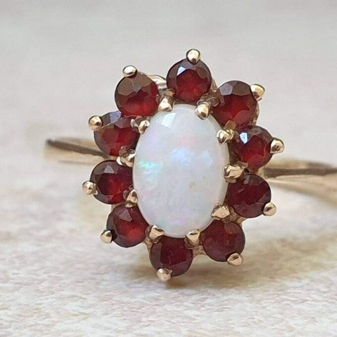 Opal and Garnet Cluster Ring in 9ct Gold.