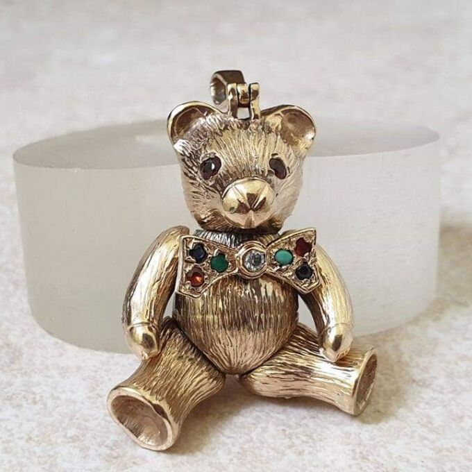 Heavy Articulated Teddy Bear with Dickie Bow in 9ct Gold