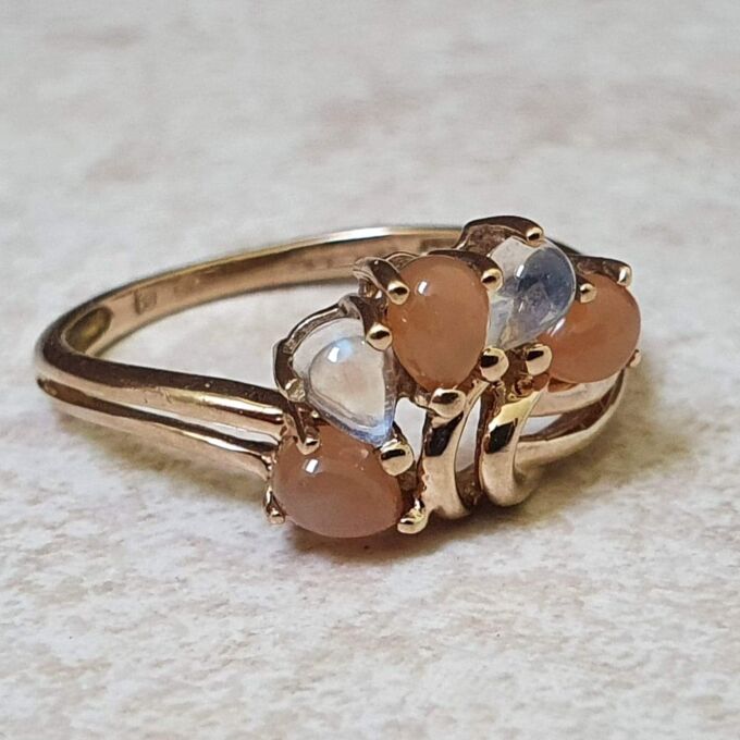 Rainbow and Peach Moonstone Ring in 9ct Gold.