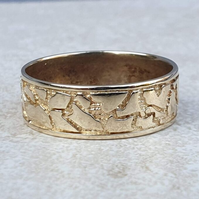 Broad Abstract Patterned Band in 9ct Gold,  a UK T or a US 10.