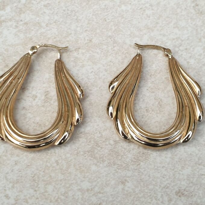 Oval Swag Design Drop Hoop Earrings in 9ct Gold