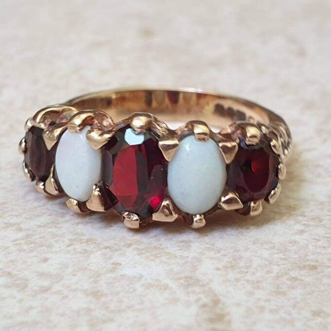 Chunky Opal and Garnet Ring in 9ct Gold, a UK L 1/2 or a US 6 1/4