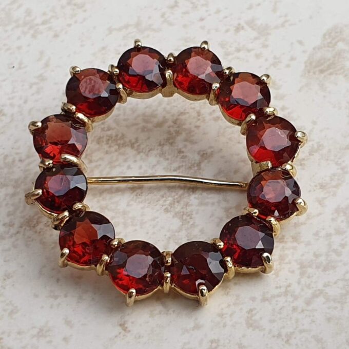 Garnet Twelve Stone Circular Brooch in 9ct Gold