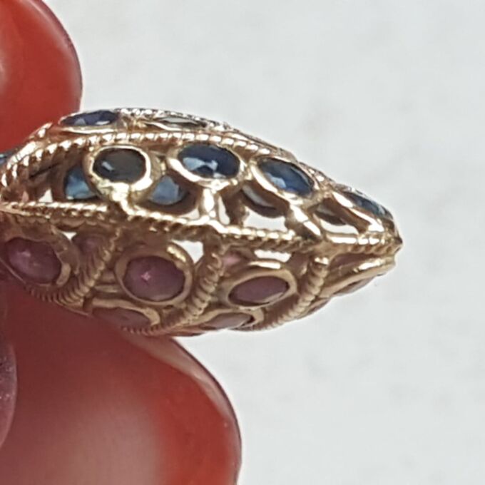 Two Sided Reversible Ruby and Sapphire Heart Pendant and Chain in 9ct Gold