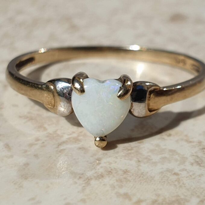 Dainty Heart Shaped Opal Ring in 9ct Gold,  a UK M 1/2 or a US 6 1/2.