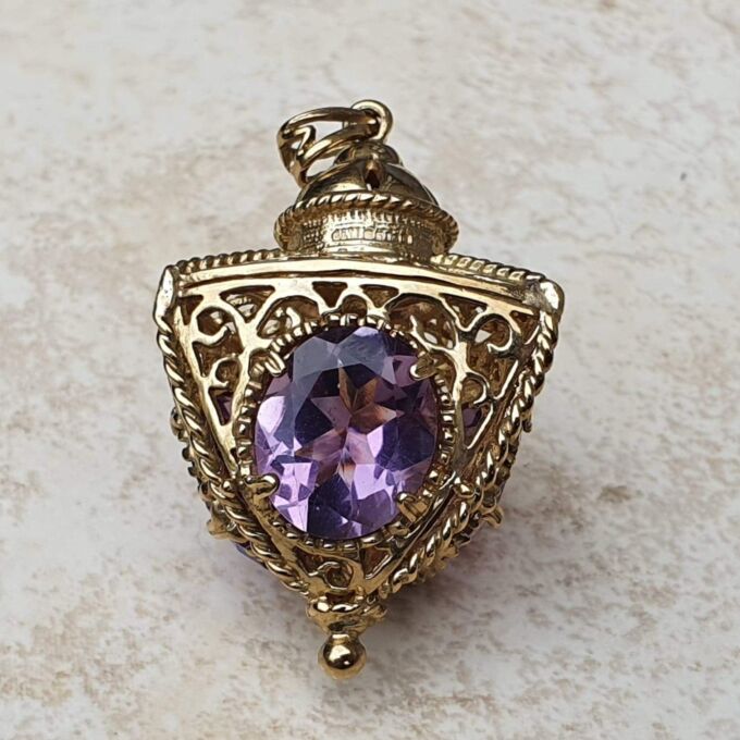 Large Three Sided Amethyst Lantern Pendant in 9ct Gold.