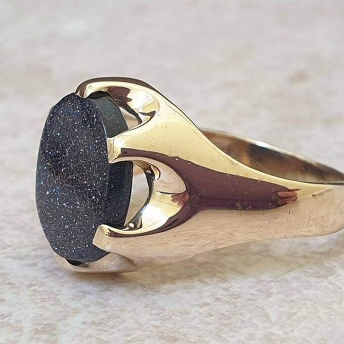 Blue Goldstone Signet Ring in 9ct Gold.