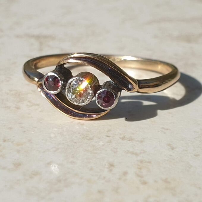 Ruby & Diamond Trilogy Crossover Bypass Ring in 18ct Gold.