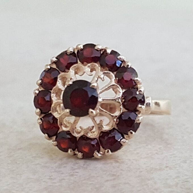 Bold Garnet Halo Cluster Ring in 9ct Gold, a UK N or a US 7.