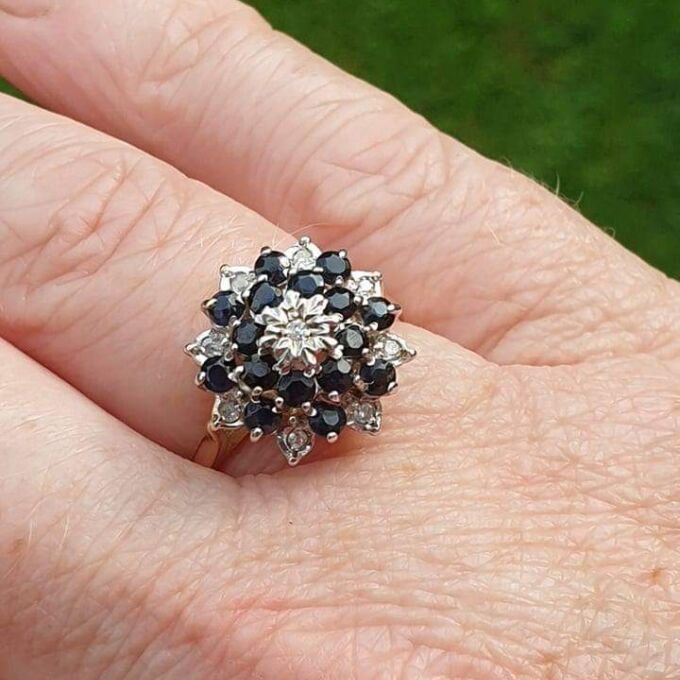 Sapphire and Diamond Cluster Ring in 9ct Gold, a UK O or  US 7 1/2