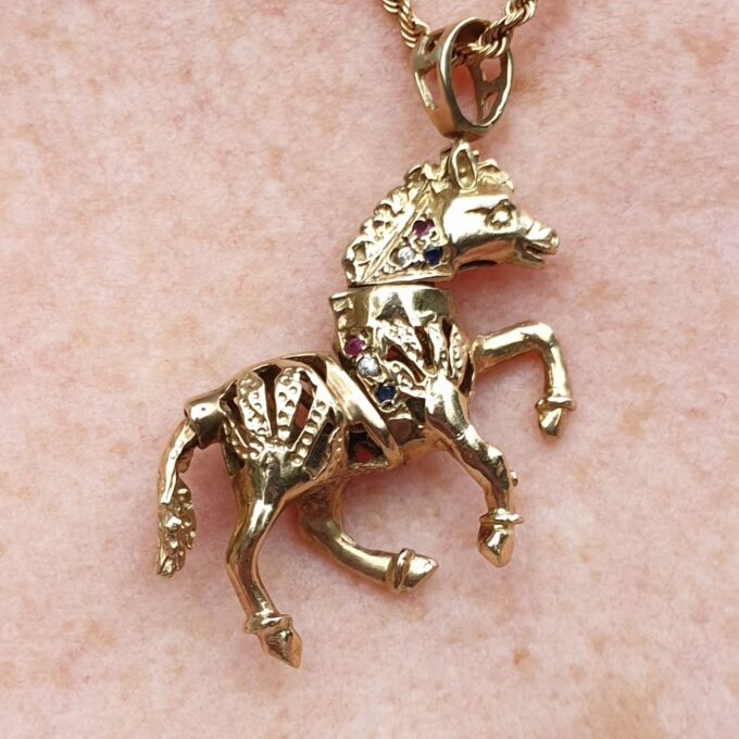 Horse or Pony Pendant with Rubies and Sapphires in 9ct Gold