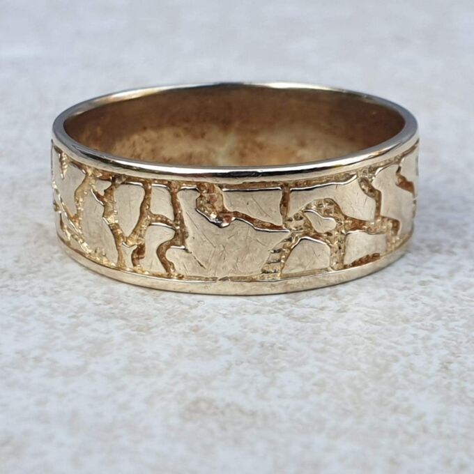 Broad Abstract Patterned Band in 9ct Gold,  a UK T or a US 10.