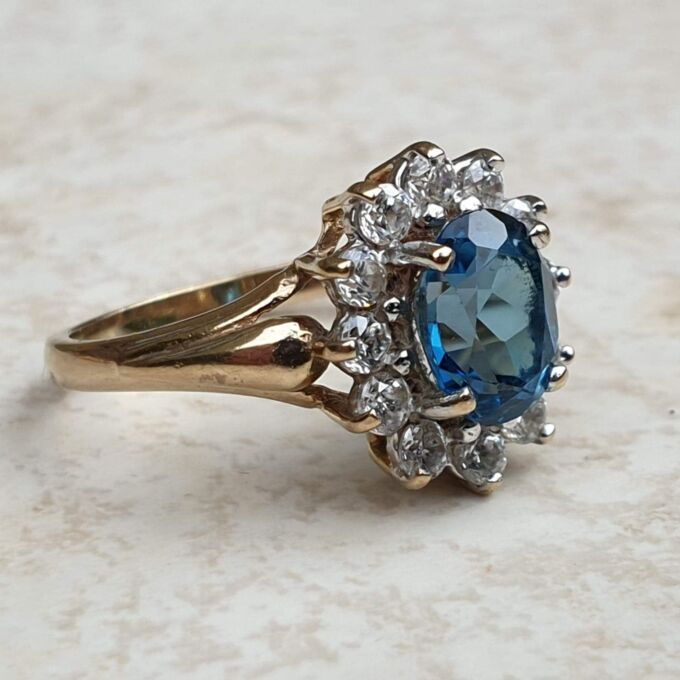 London Blue Topaz and Paste Cluster Ring in 9ct Gold,  a UK L 1/2 or a US 6 1/4.