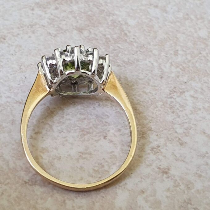 Peridot Green and White Cluster Ring in 9ct Gold.