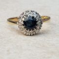Sapphire and Diamond Halo ring in 18ct Gold and Platinum, a UK M or a US 6 1/2.