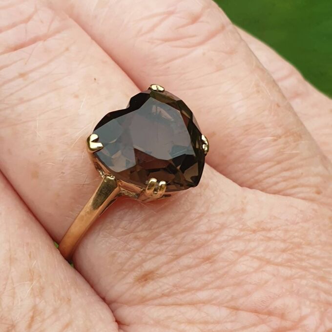 Romantic Heart Cut Smoky Quartz Ring in 9ct Gold, a UK P 1/2 or a US 8 1/4.