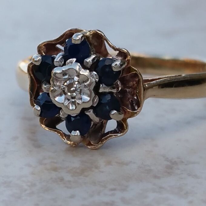 Flower Sapphire and Diamond Rose Ring in 9ct Gold, a UK J 1/2 or a US 5 1/4.