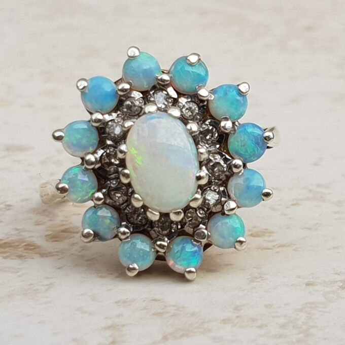 Opal and Diamond Halo Cluster Ring in 9ct Gold, a UK M or a US 6 1/2.