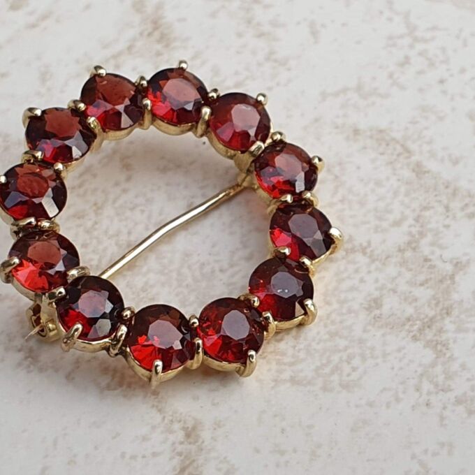Garnet Twelve Stone Circular Brooch in 9ct Gold