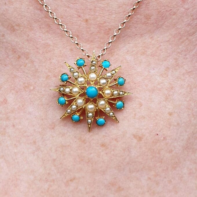 Turquoise and Pearl Star Snowflake Brooch and Pendant in 9ct Gold