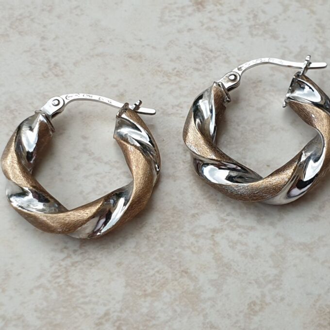 Two Colour Twisted Hoop Earrings in 9ct Gold
