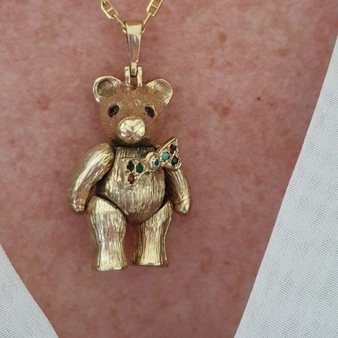 Heavy Articulated Teddy Bear with Dickie Bow in 9ct Gold