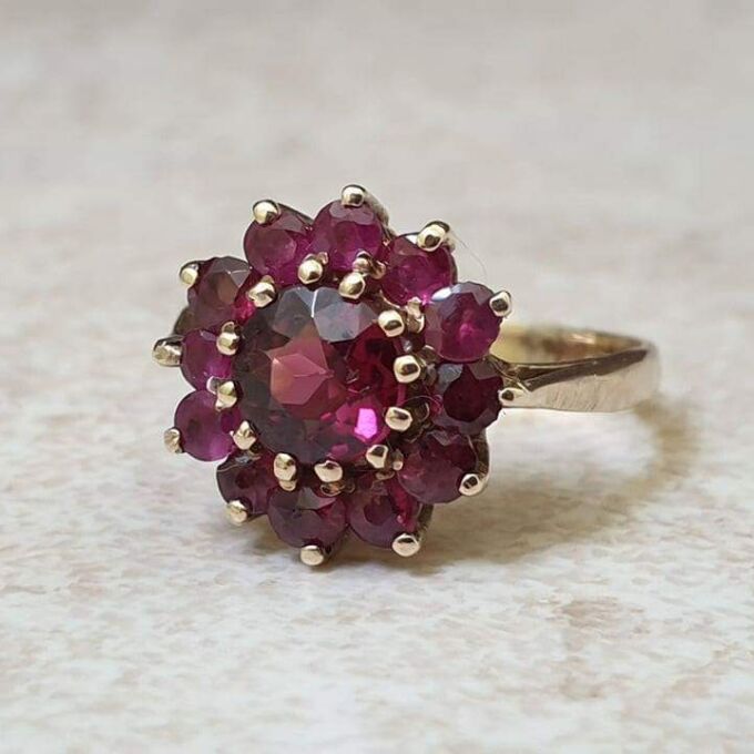 Rhodolite Garnet Cluster Ring in 9ct Gold.