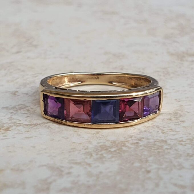 Iolite, Tourmaline and Amethyst Ring in 9ct Gold.