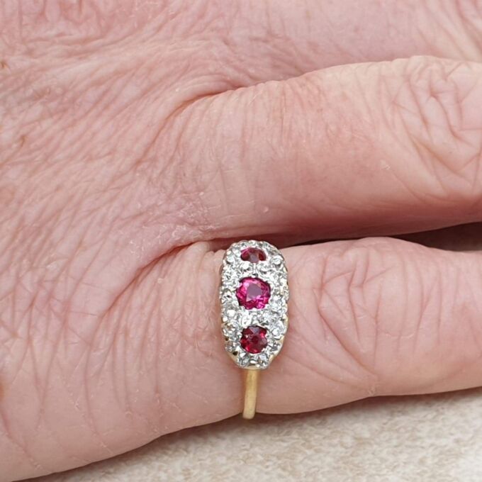 Trilogy Ruby and Diamond Ring in 18ct Gold,  a UK H 1/2 or a US 4 1/4.